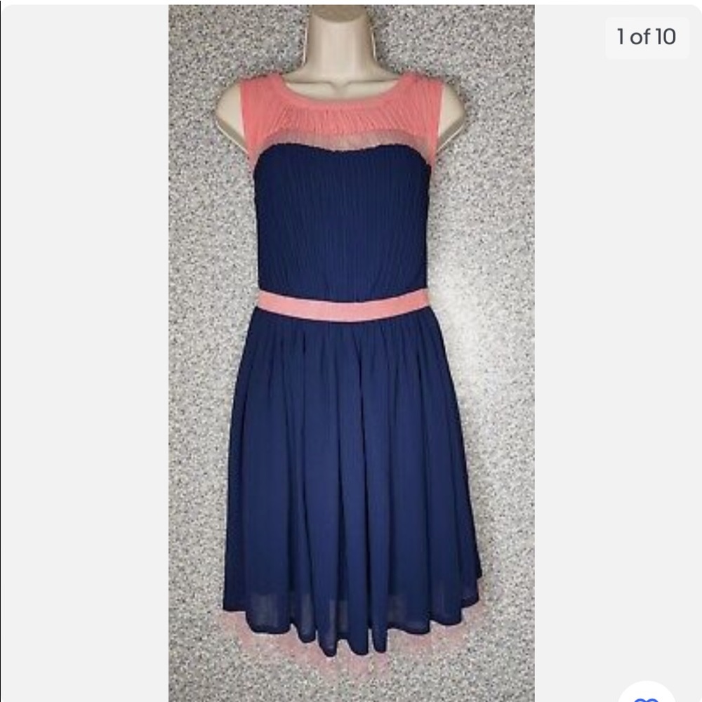 I&E Sleeveless Chiffon & Mesh Fit & Flare Dress - Navy & Coral - Women's S